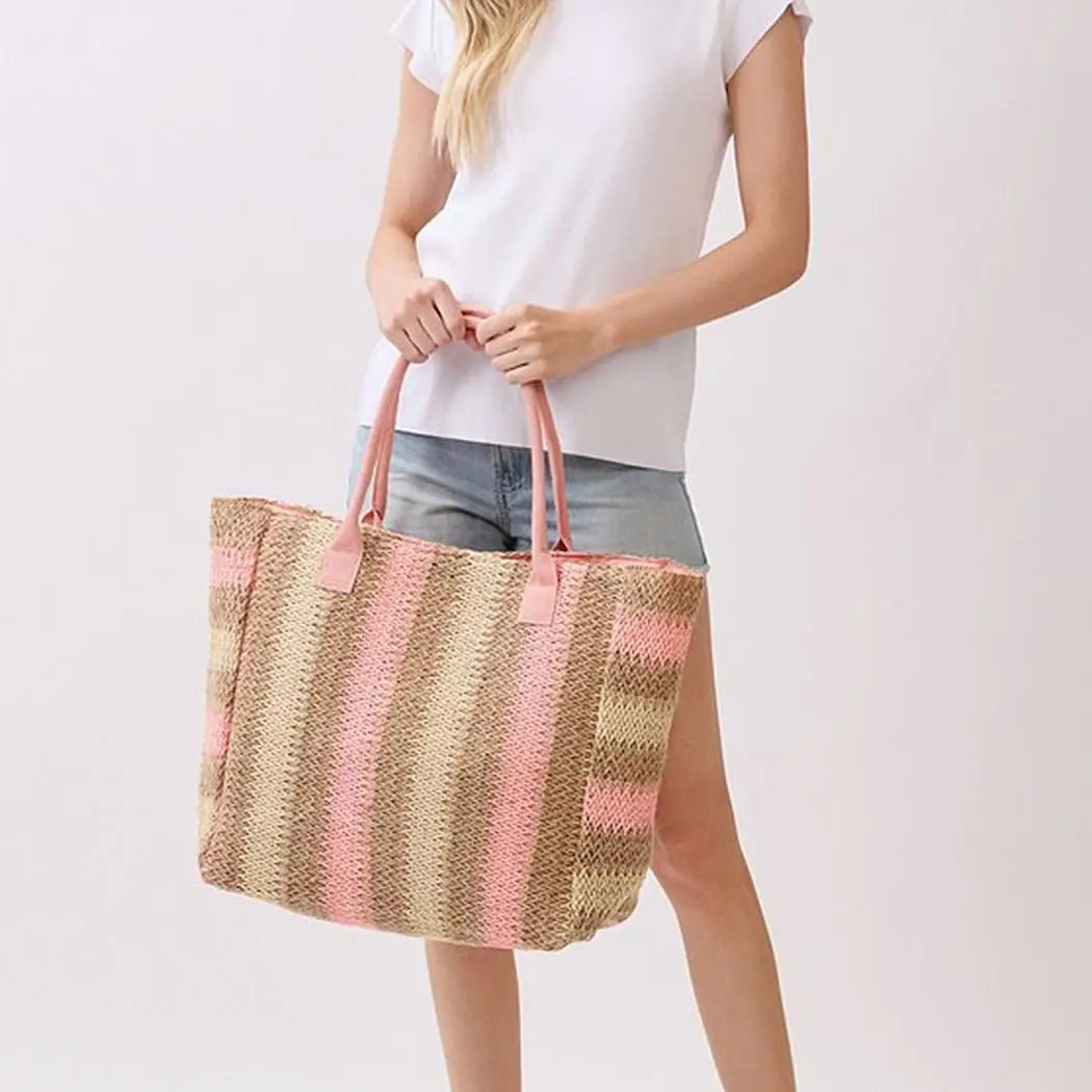 Natural Brown Stripe Straw Tote Bag