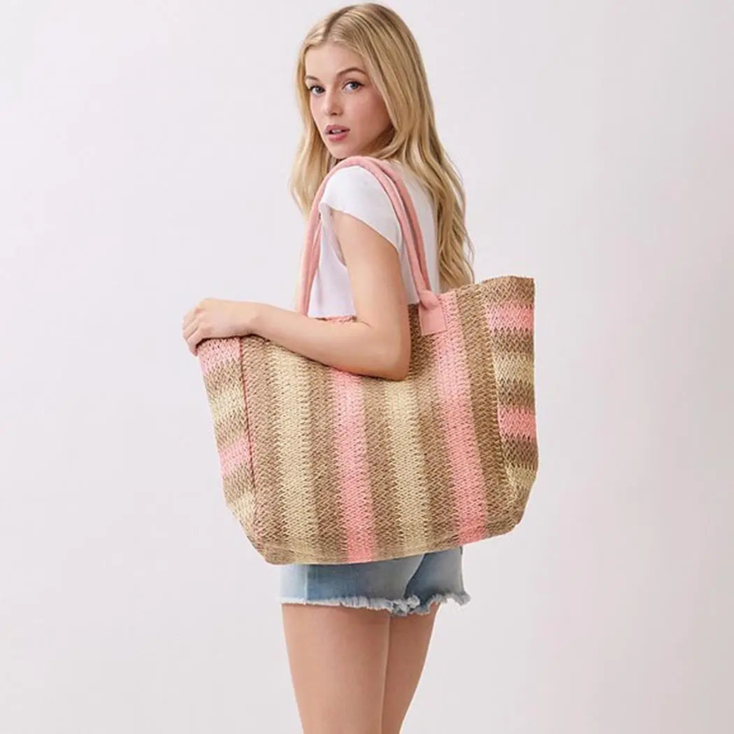 Natural Brown Stripe Straw Tote Bag
