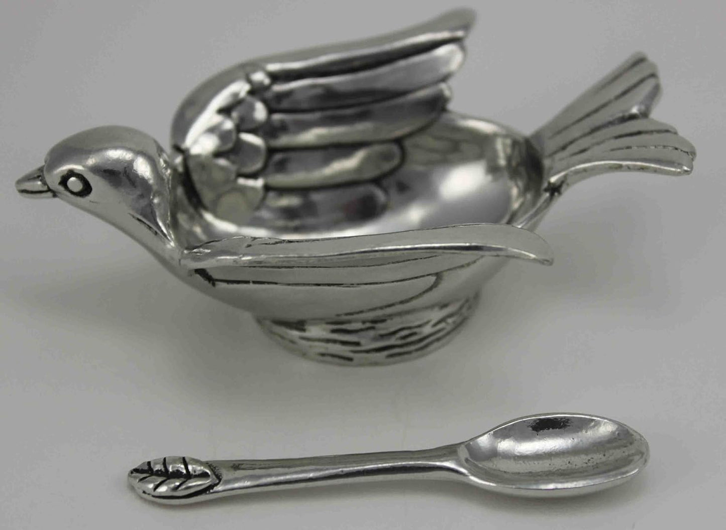 Pewter Bird Salt Cellar W/ Spoon