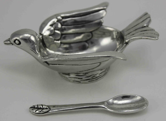 Pewter Bird Salt Cellar W/ Spoon