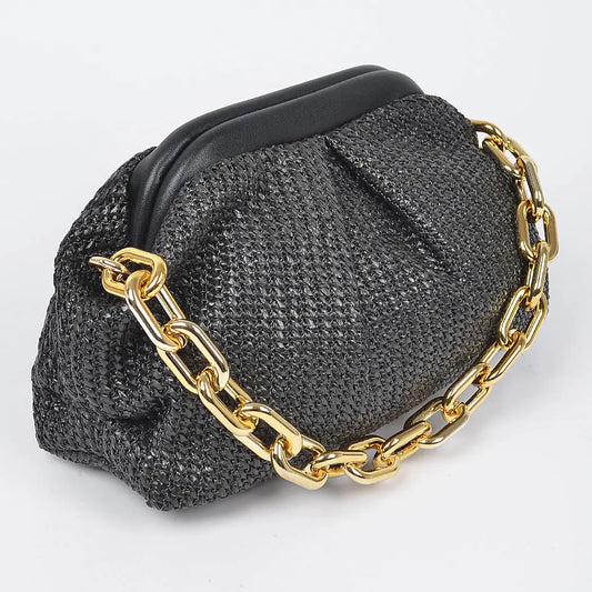 Faux Straw Bag W/ Link Chain