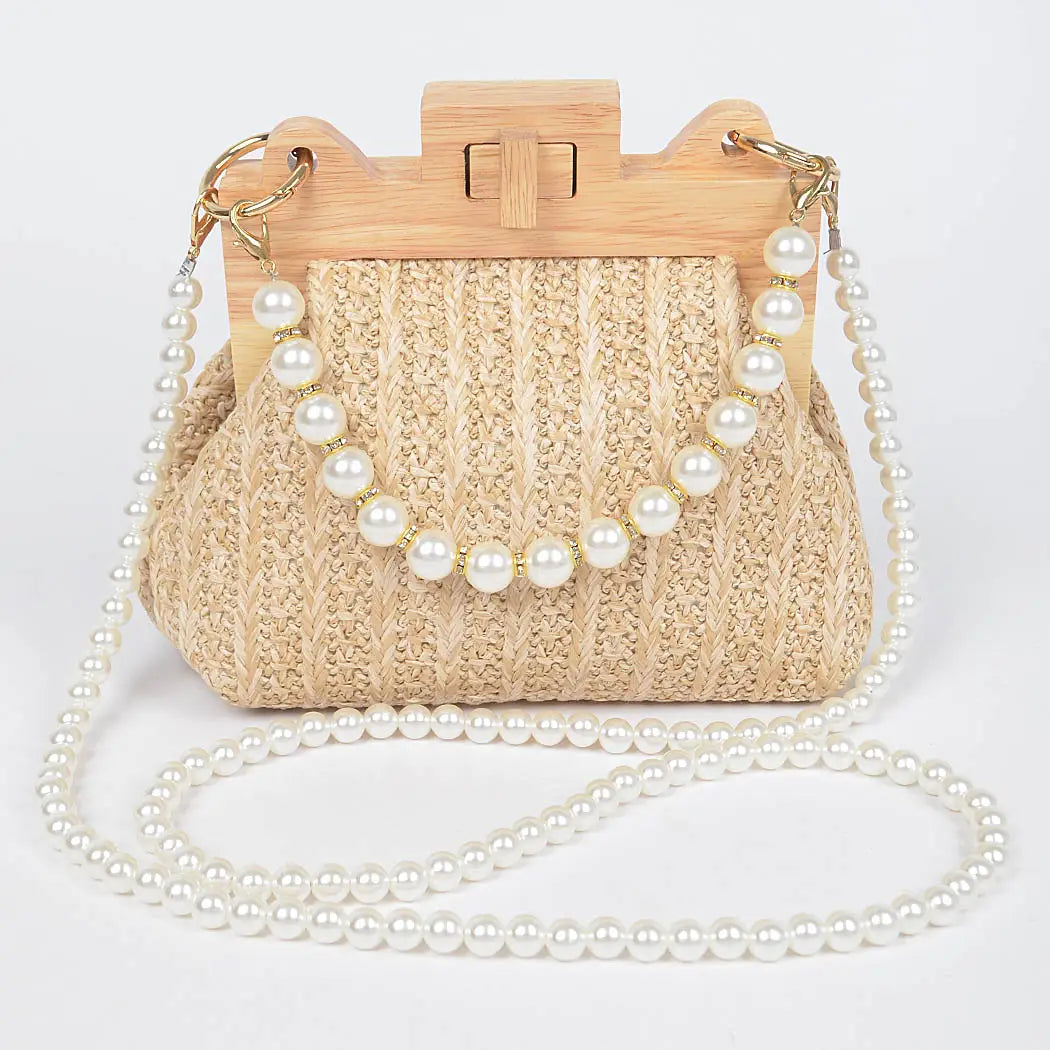 Faux Straw Wood Frame Clutch