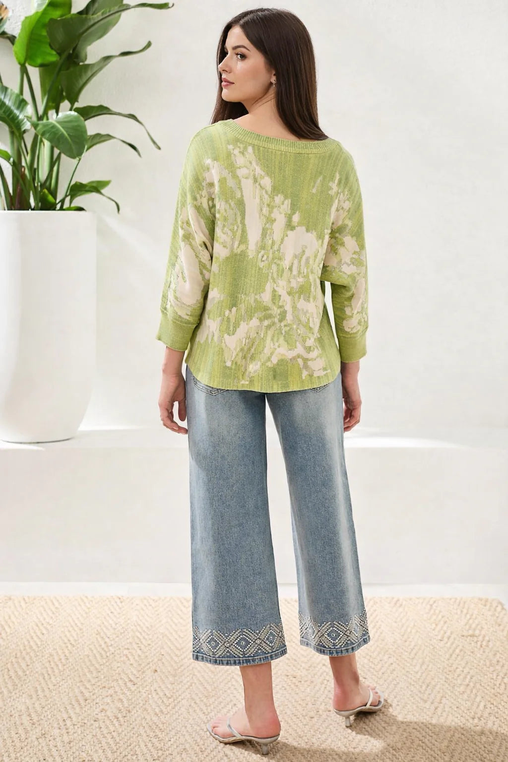 Tribal U Neck Jacquard Sweater 3/4 Sleeve