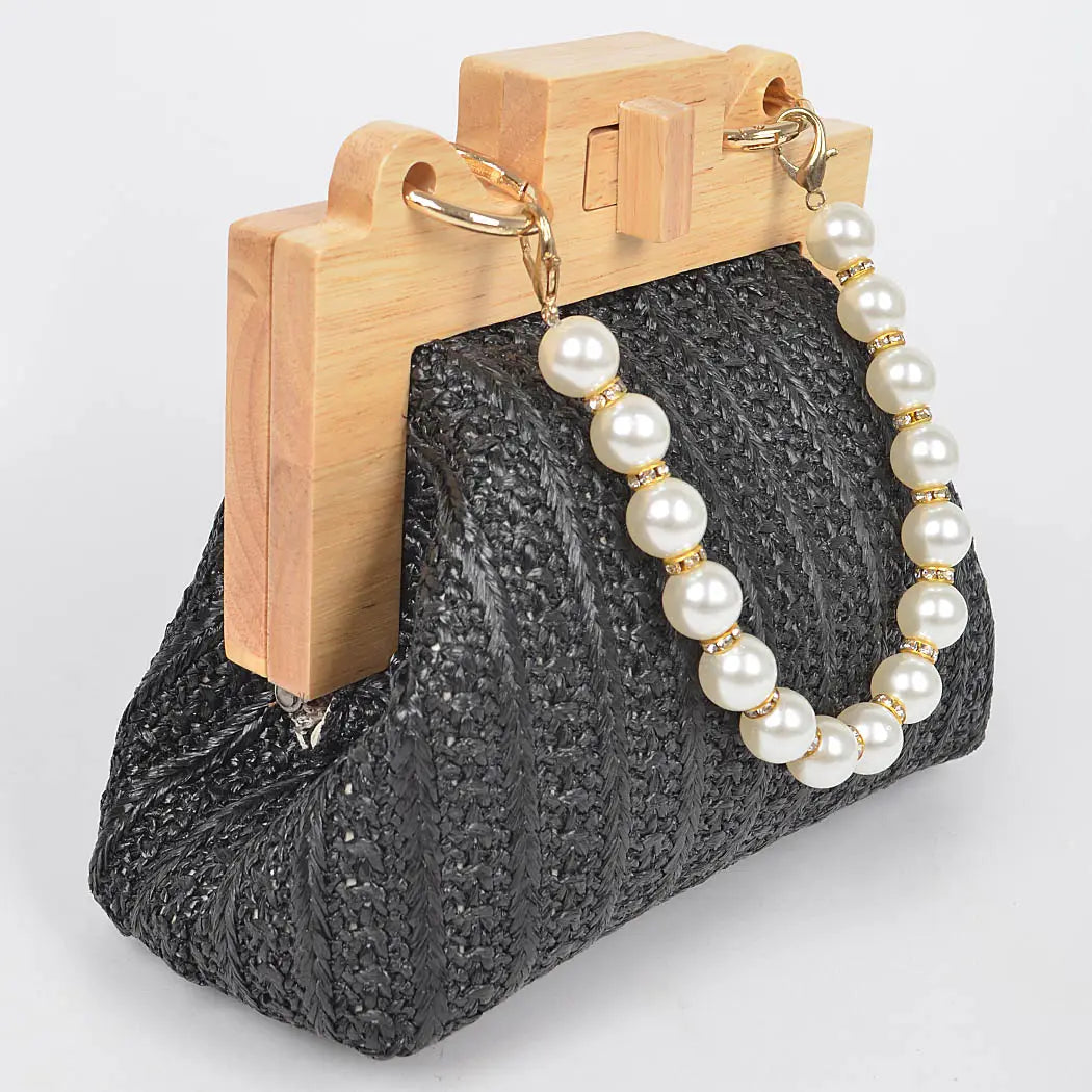 Faux Straw Wood Frame Clutch
