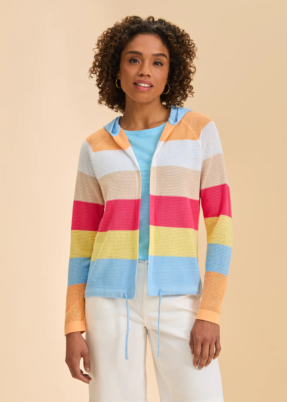 FDJ Striped Pointelle Hooded Cardigan