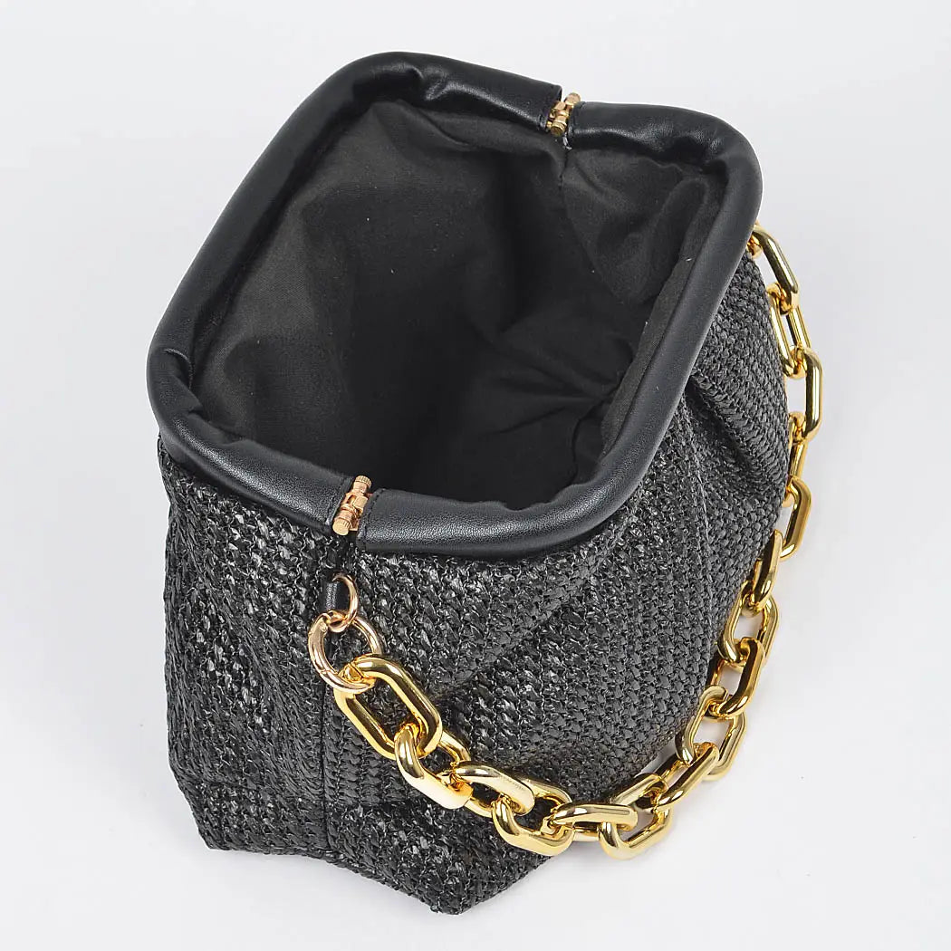 Faux Straw Bag W/ Link Chain