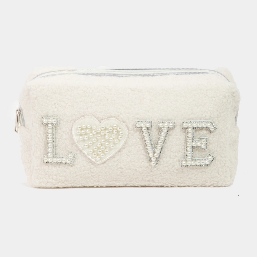 "LOVE" Pearl Sherpa Cosmetic Bag