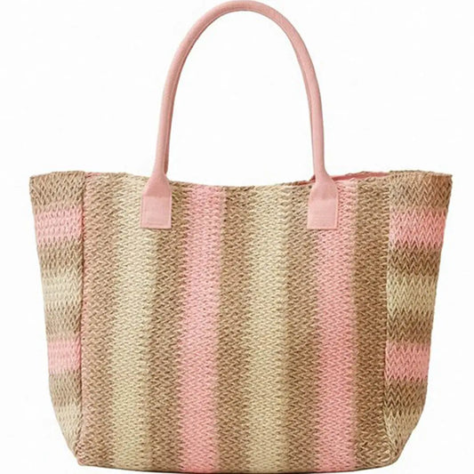 Natural Brown Stripe Straw Tote Bag