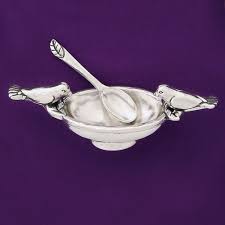 Pewter Bird Bath Salt Cellar W/Spoon
