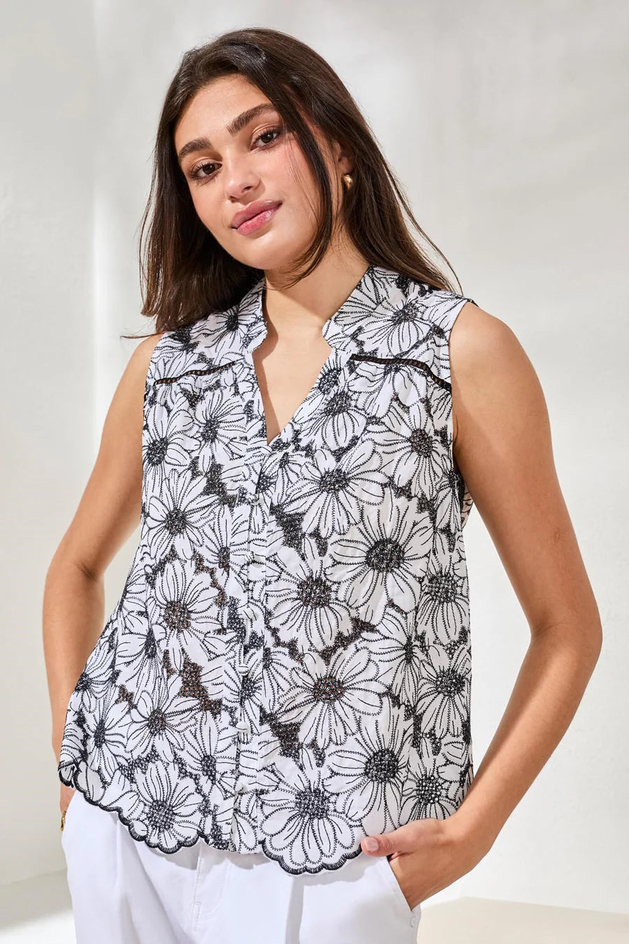 Tribal Embroidered Floral Button‑Up Top