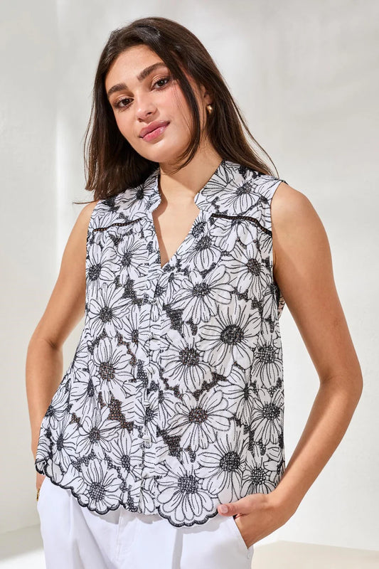 Tribal Embroidered Floral Button‑Up Top