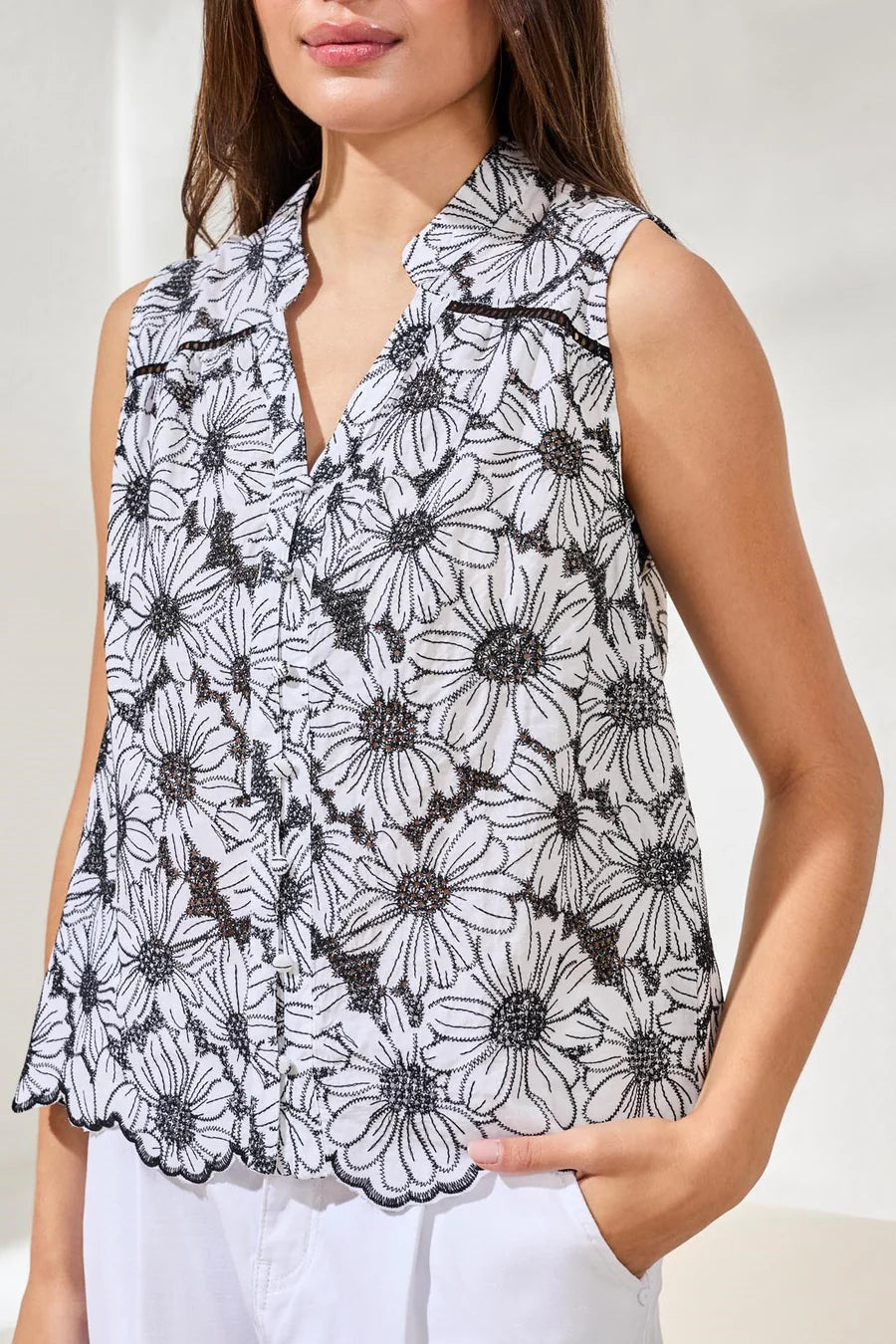 Tribal Embroidered Floral Button‑Up Top