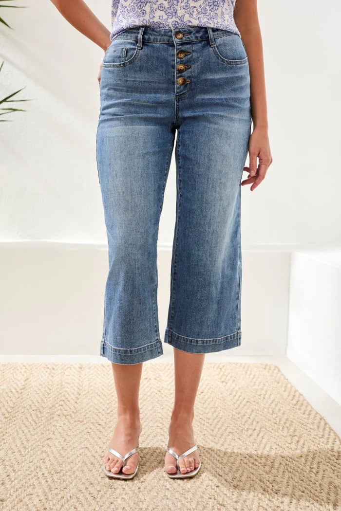 Tribal Audrey Button Fly Wide Crop Jeans