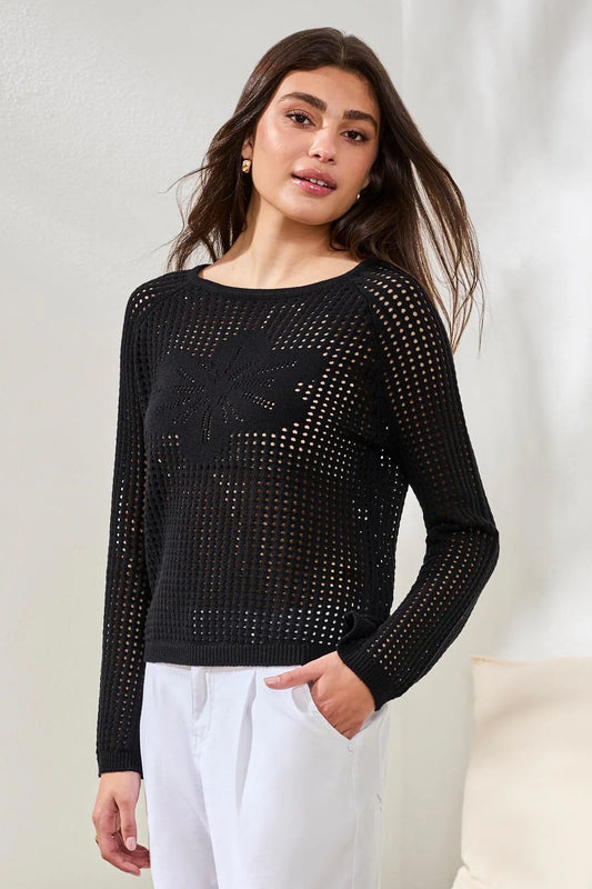 Tribal Crochet Boat Neck Bell Sleeve Sweater