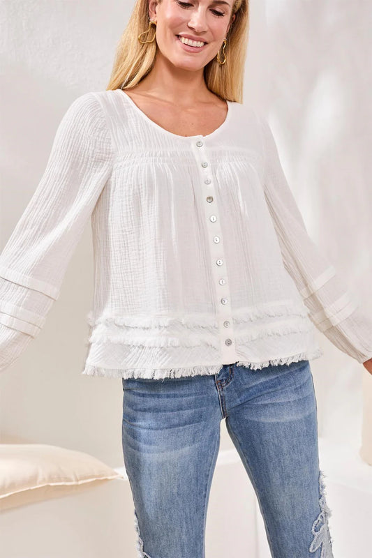 Tribal Crinkle Gauze Button-Front Balloon Sleeve Frayed Hem Blouse