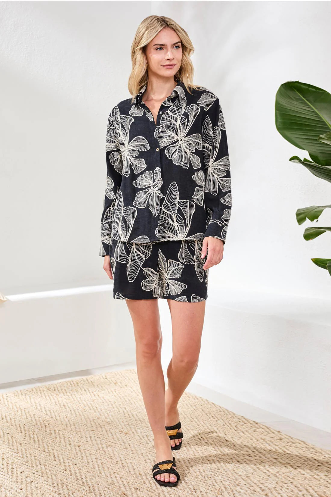 Tribal Embroidered Long Sleeve Button‑Front Blouse