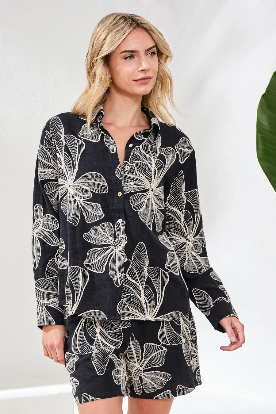 Tribal Embroidered Long Sleeve Button‑Front Blouse