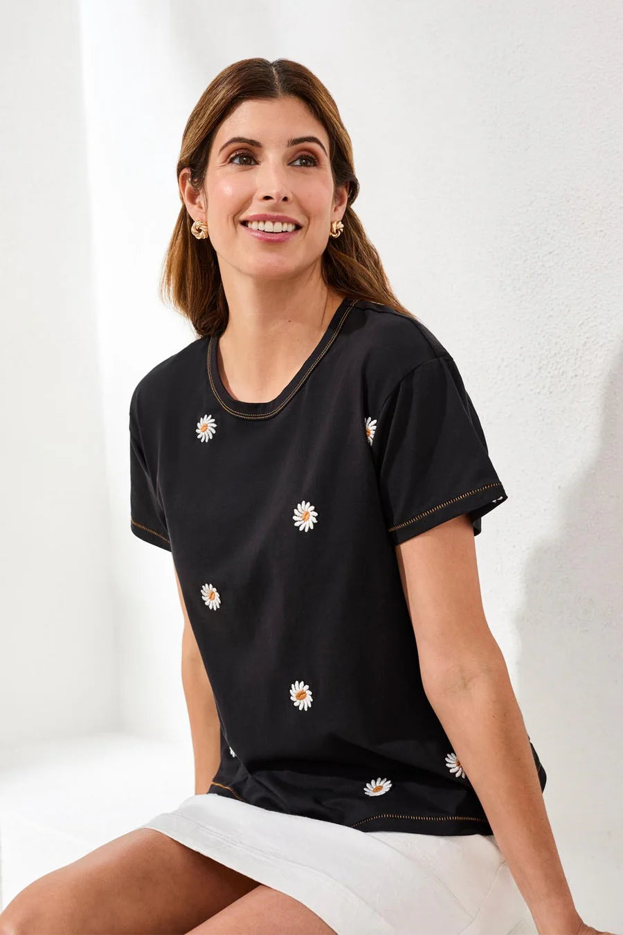 Tribal Short Sleeve Crew Neck Top W/ Embroidery