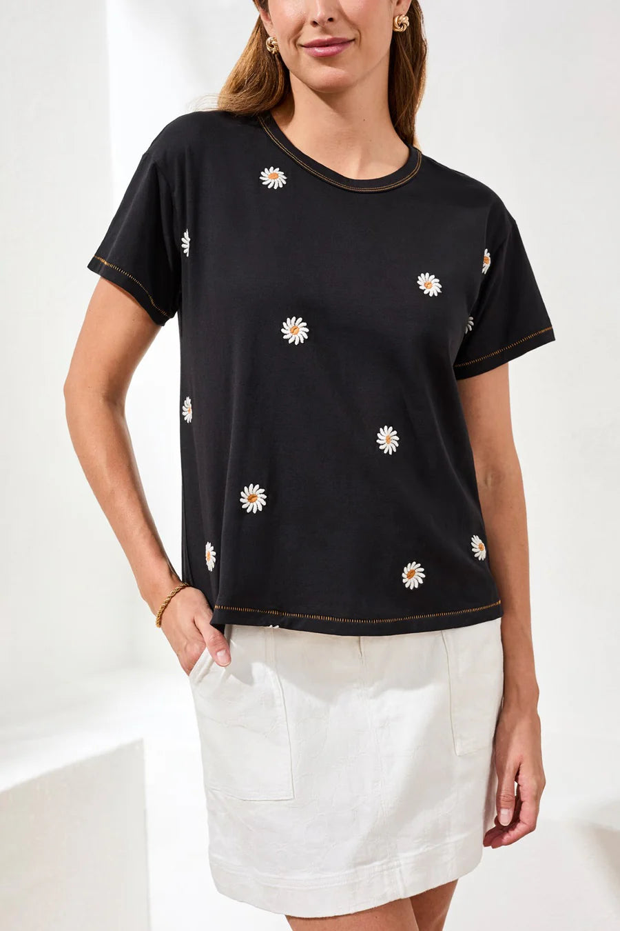 Tribal Short Sleeve Crew Neck Top W/ Embroidery