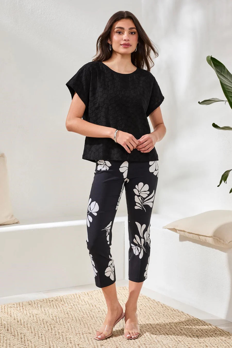 Tribal Textured Cotton Cap Sleeve Crew Top