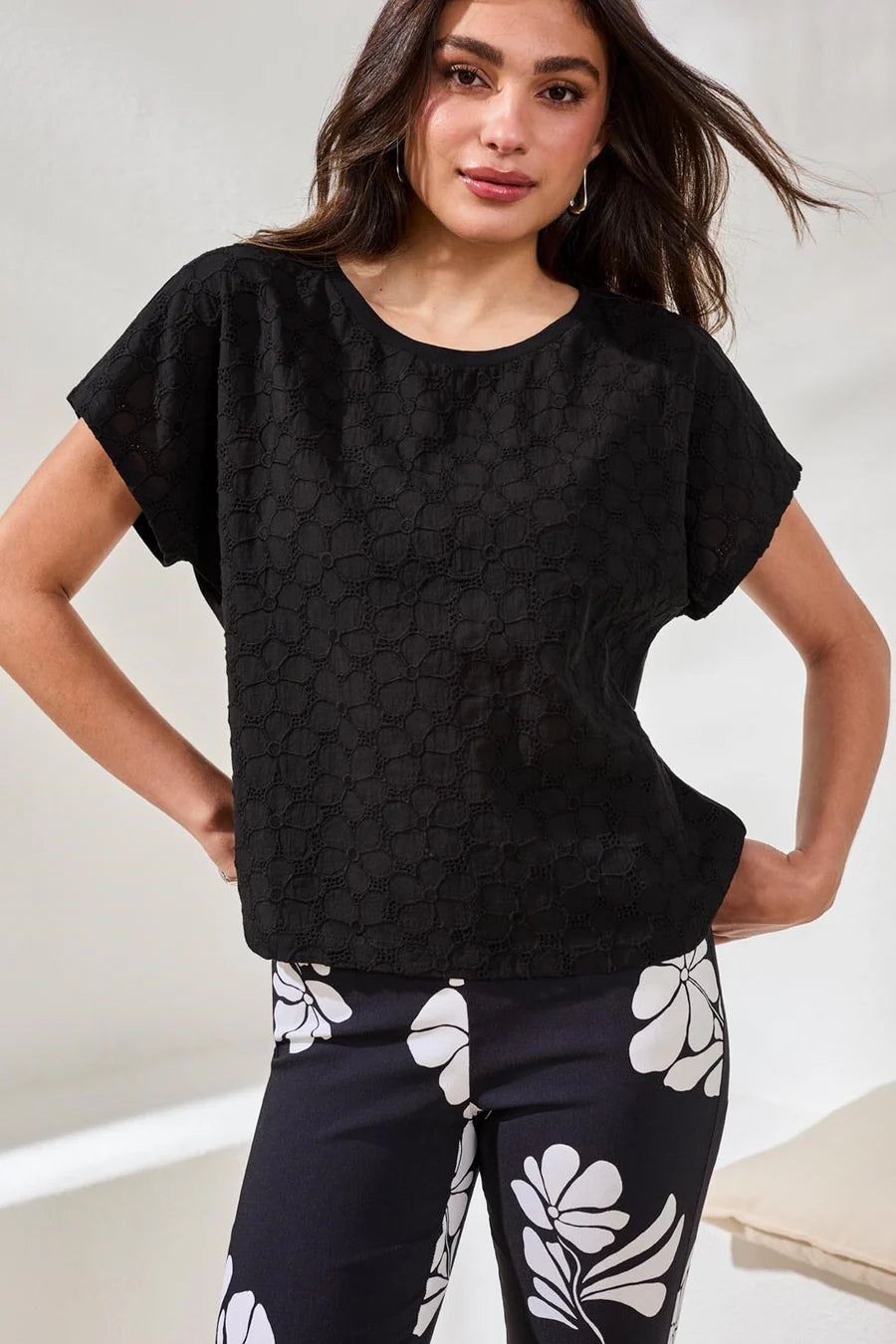 Tribal Textured Cotton Cap Sleeve Crew Top