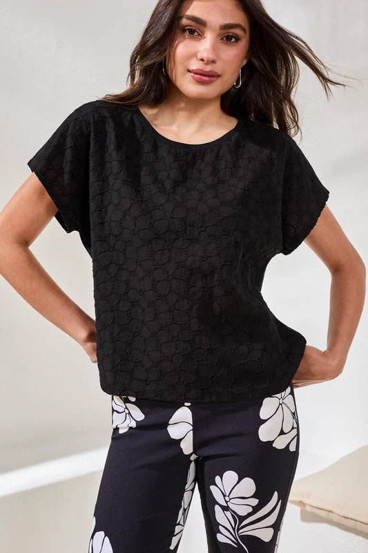 Tribal Textured Cotton Cap Sleeve Crew Top