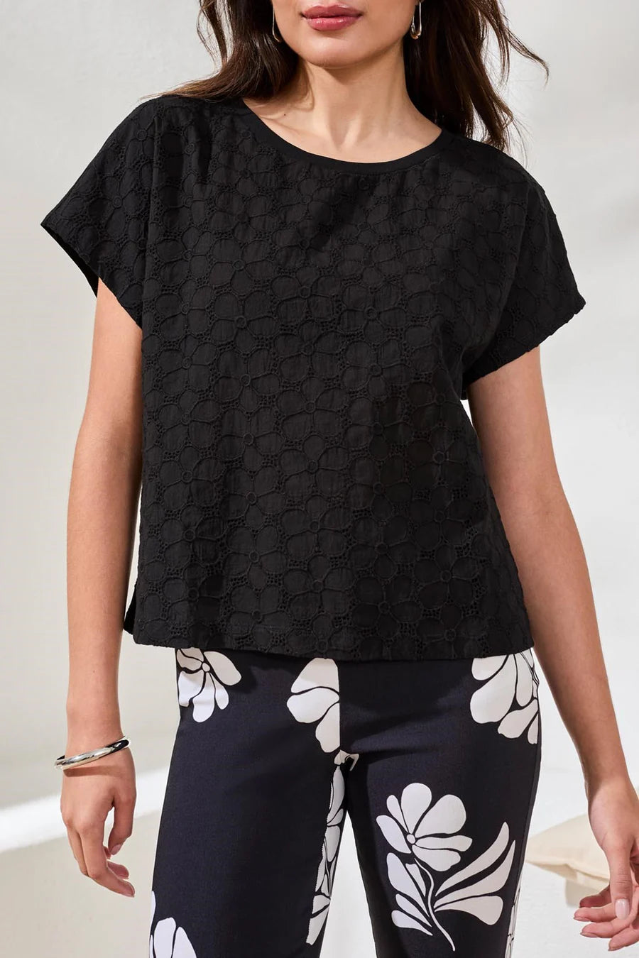Tribal Textured Cotton Cap Sleeve Crew Top