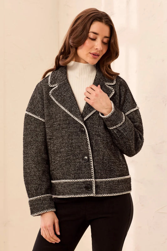 Tribal Eyelash Jacquard Knit Drop Shoulder V-Neck Button-Front Jacket