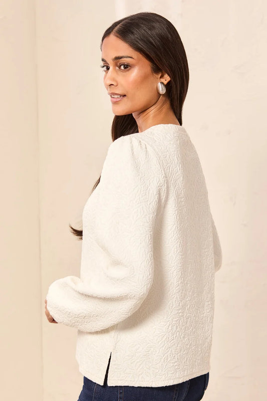 Tribal Floral Embossed Jacquard Long Sleeve Crew Neck Top