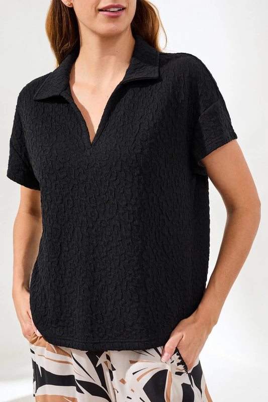 Tribal Textured Johnny Collar Short Sleeve Top-Black