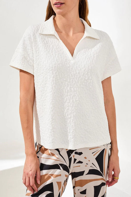 Tribal Textured Johnny Collar Short Sleeve Top-Black