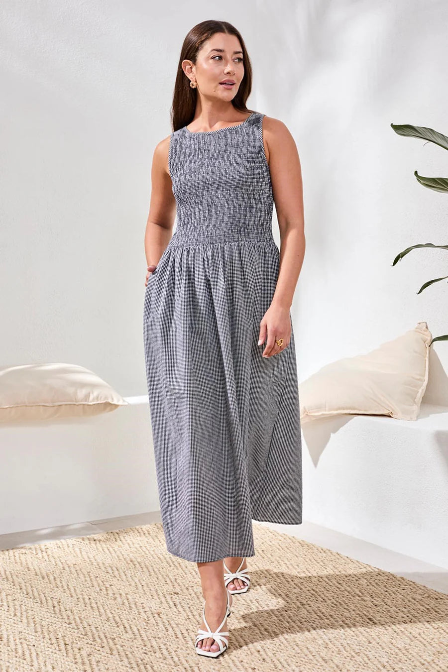 Tribal Gingham Smocked-Bodice Maxi Dress