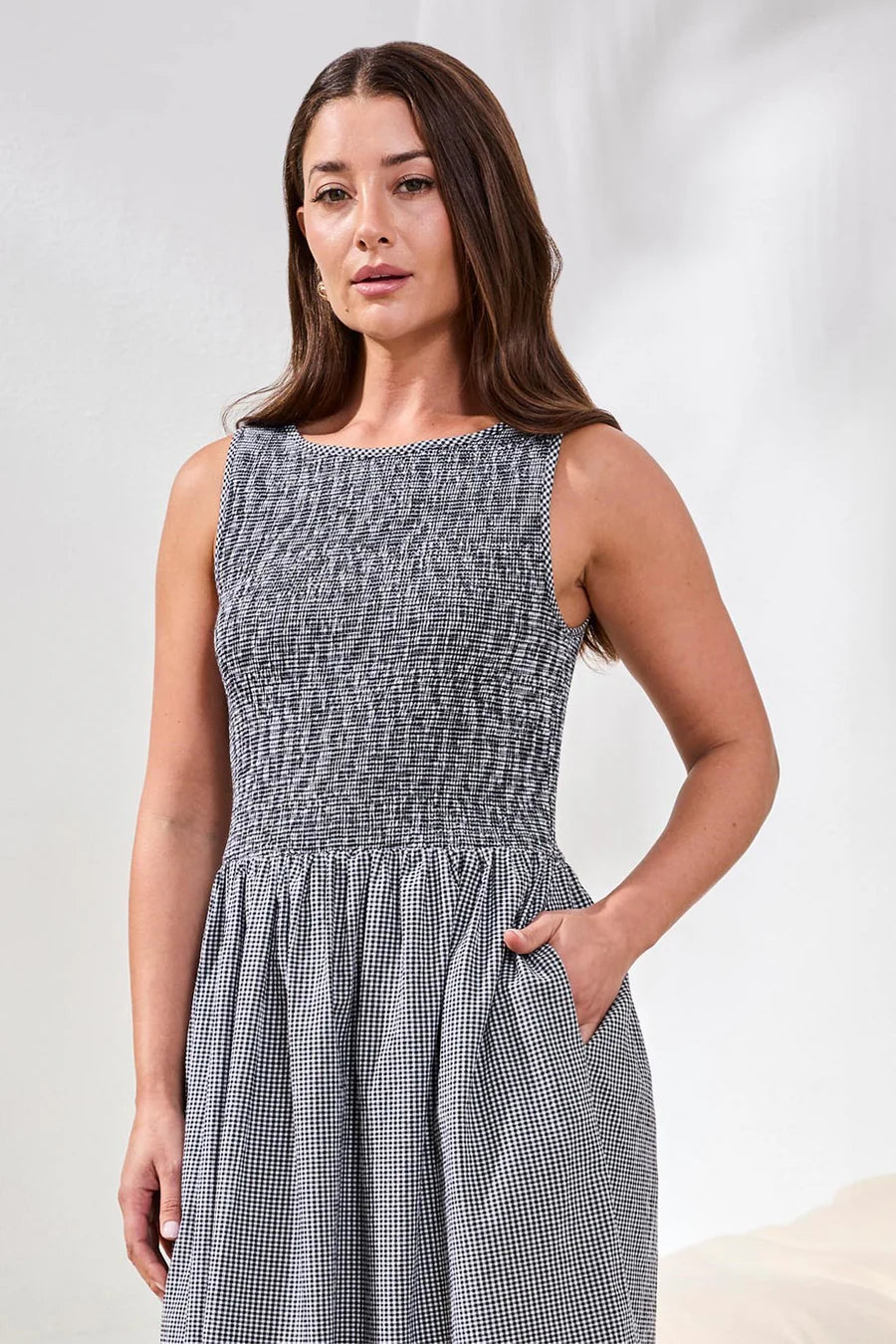 Tribal Gingham Smocked-Bodice Maxi Dress