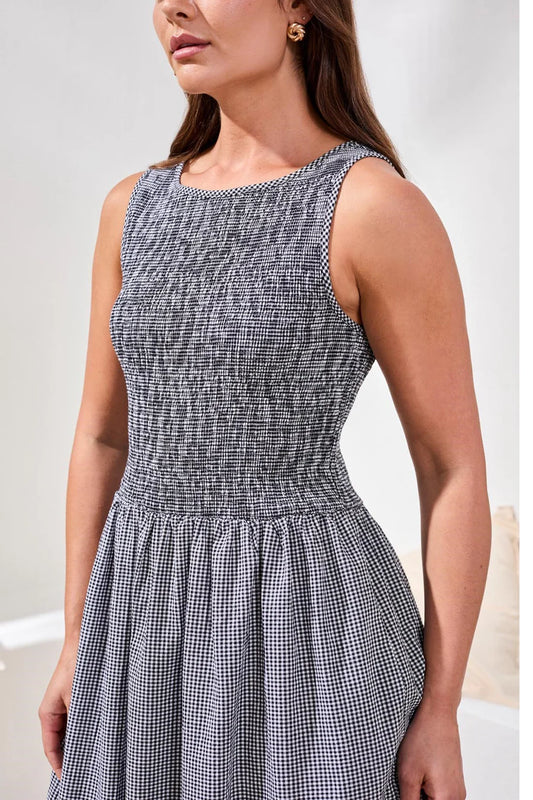 Tribal Gingham Smocked-Bodice Maxi Dress