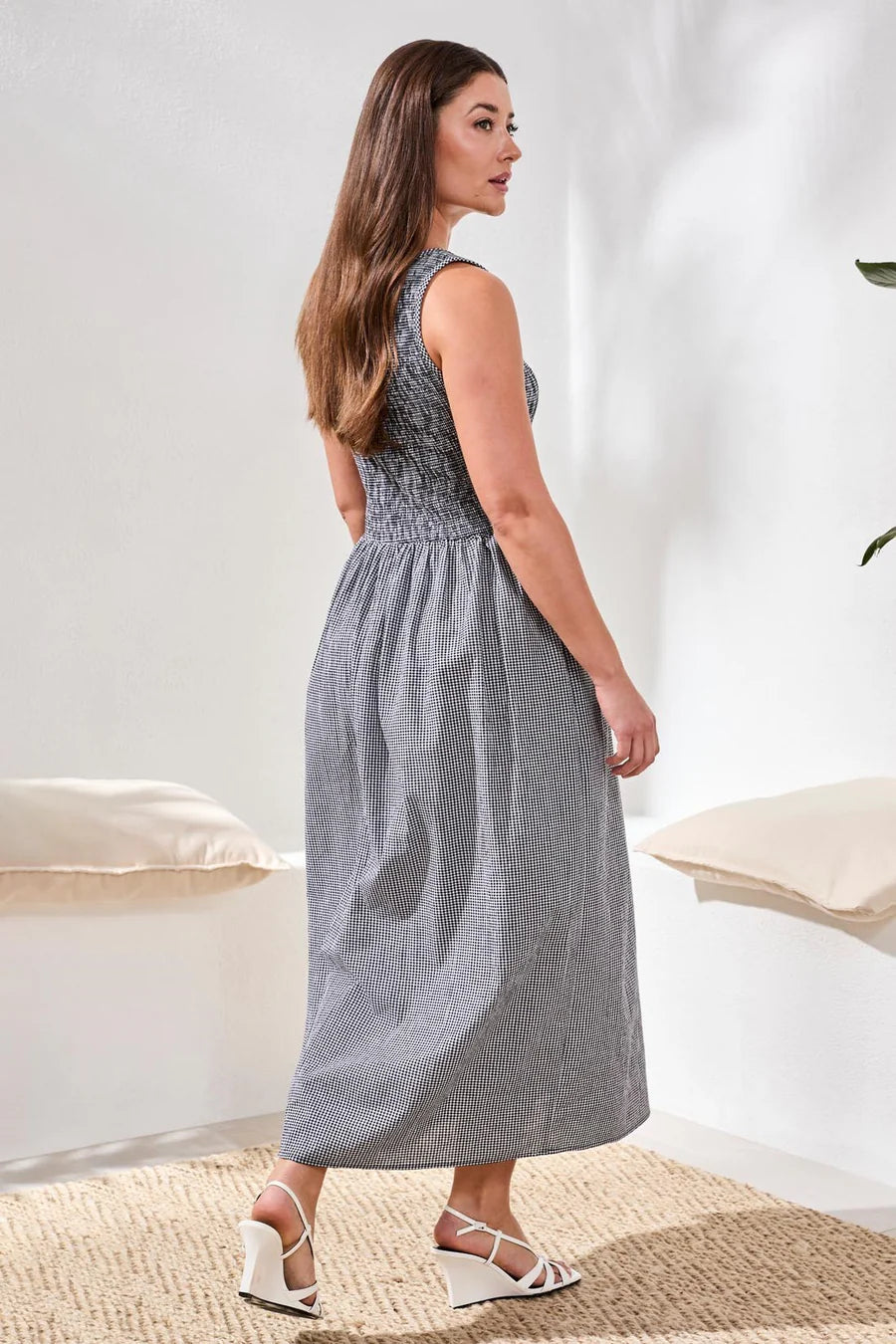 Tribal Gingham Smocked-Bodice Maxi Dress