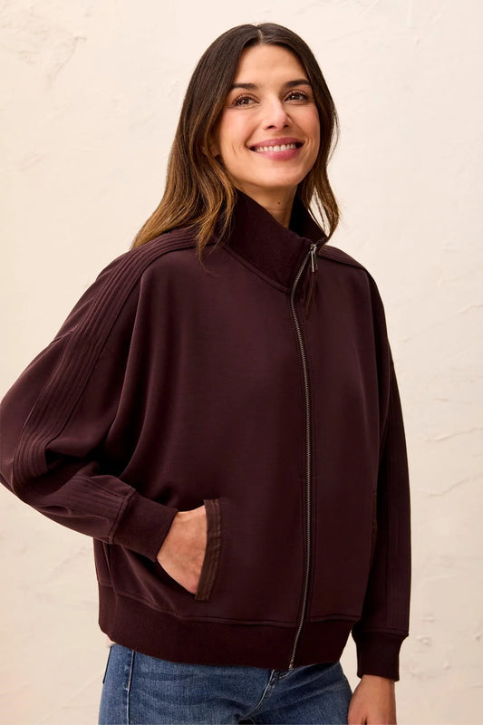 Tribal Knit Bomber Jacket With Zip Front & Faux Leather Trim Detail
