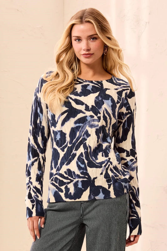 Tribal Printed Cable Cotton Crew Neck Sweater