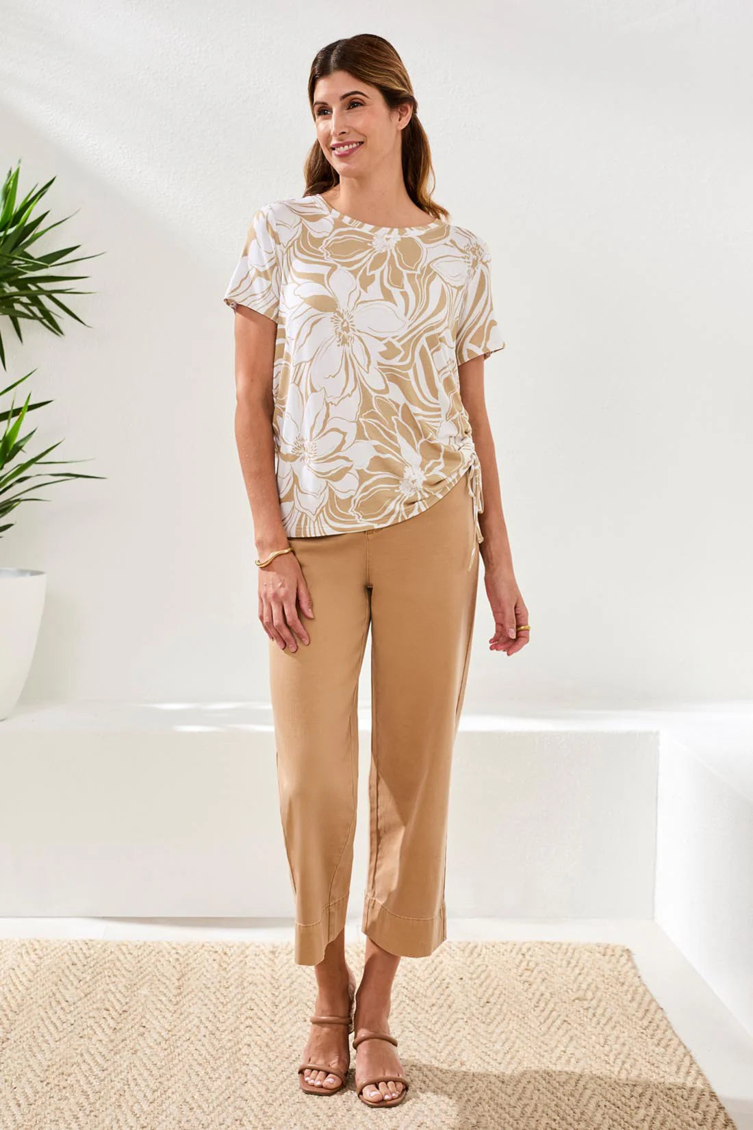 Tribal Printed Jersey Crew Neck Top With Side Ruching