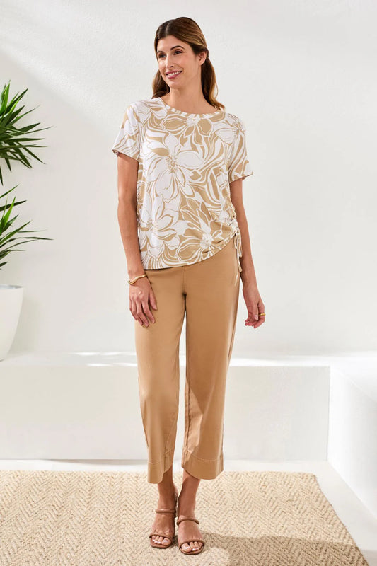 Tribal Printed Jersey Crew Neck Top With Side Ruching