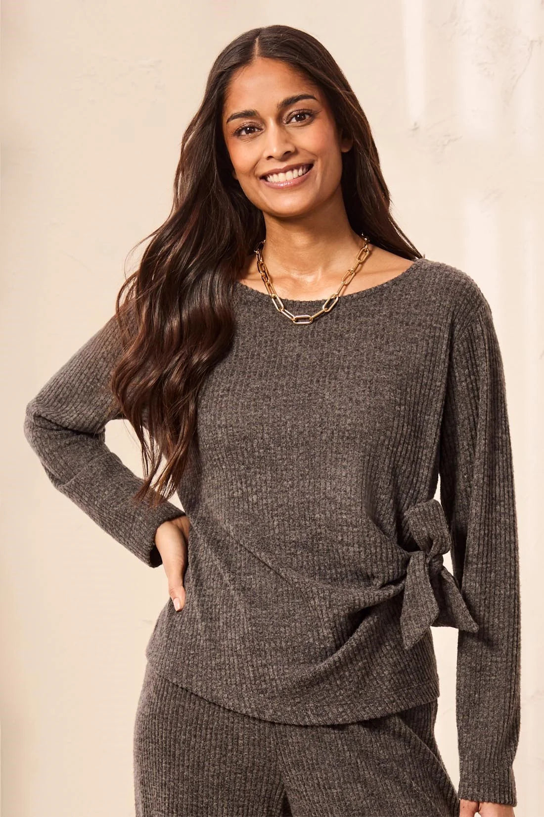 Tribal Ribbed Knit Boat Neck Top With Side Bow