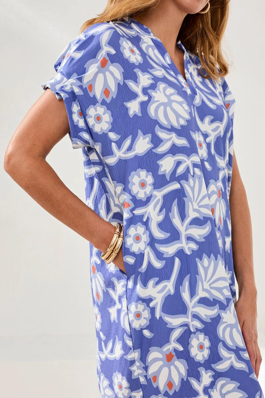 Tribal Ruffle-Sleeve Notch Neck Shift Dress