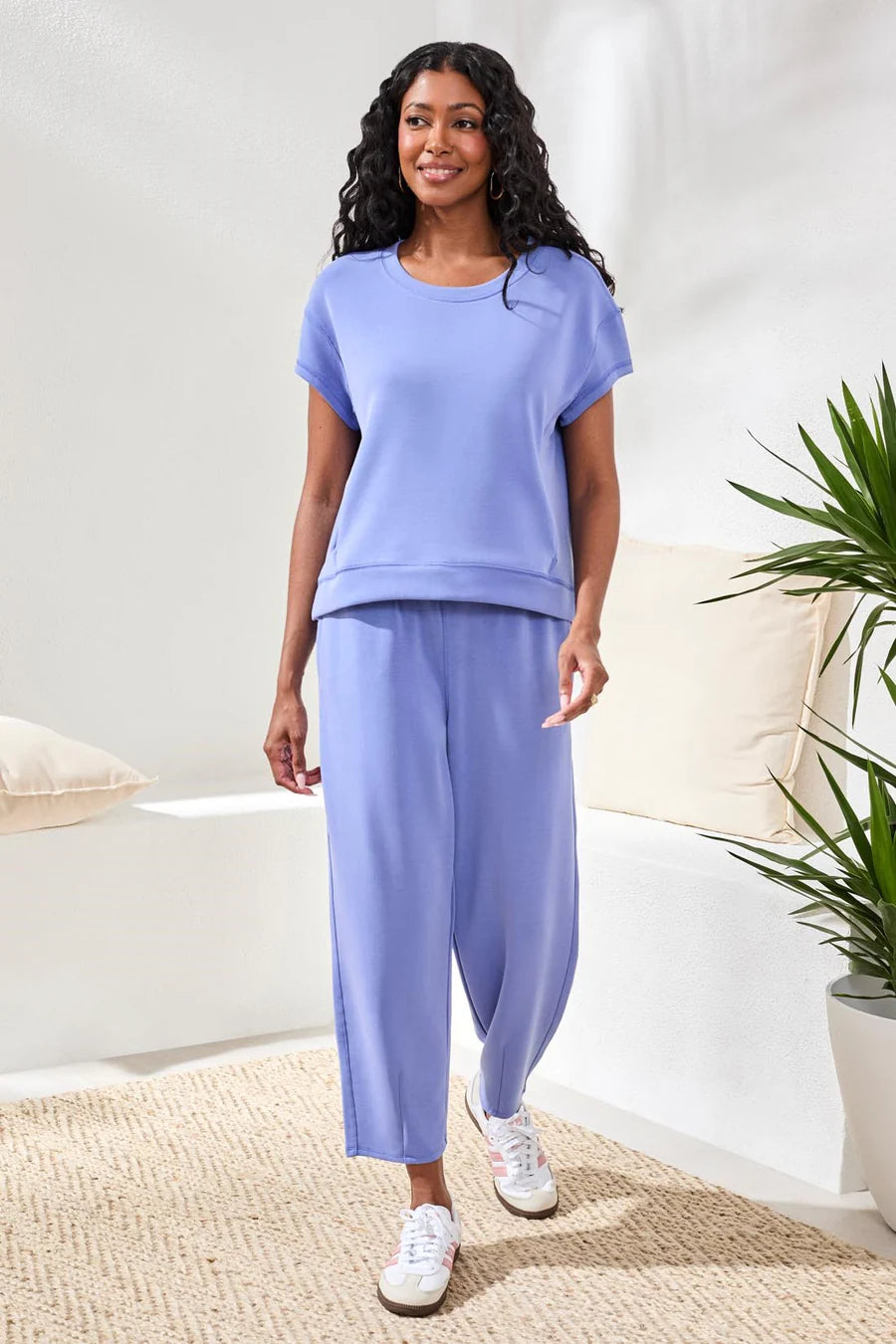 Tribal Soft Modal Cap-Sleeve Crew Neck Top With Kangaroo Pocket