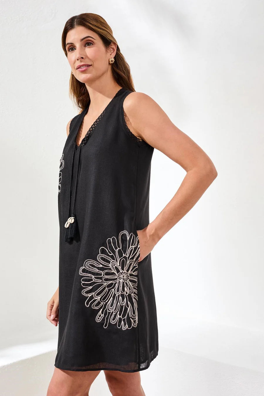 Tribal Embroidered V-Neck Sleeveless Dress With Tassel Accents
