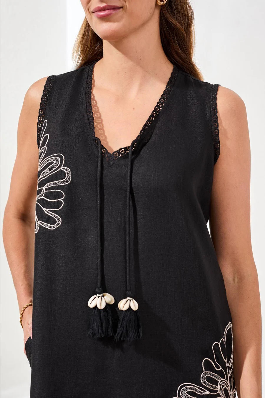 Tribal Embroidered V-Neck Sleeveless Dress With Tassel Accents