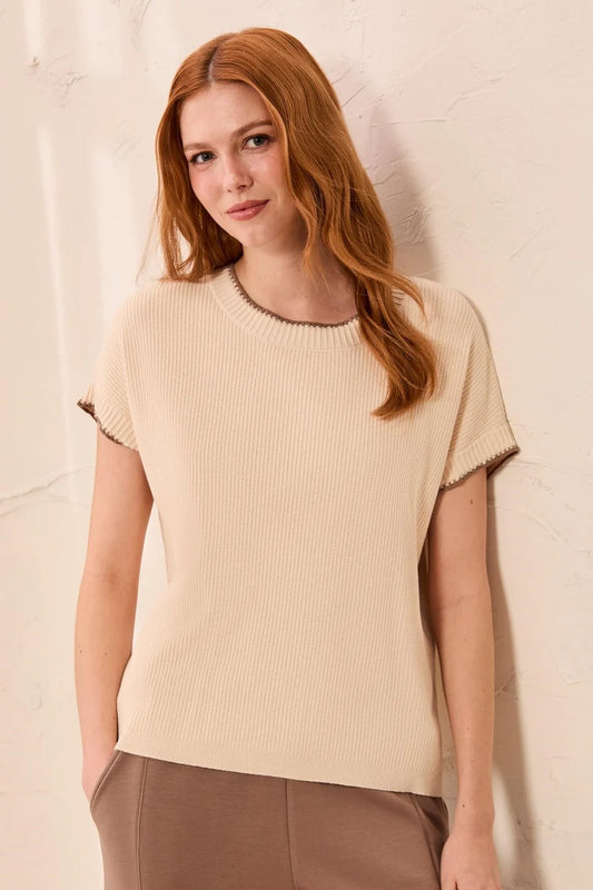 Tribal Soft Cotton Blend Cap Sleeve Top With Topstitch