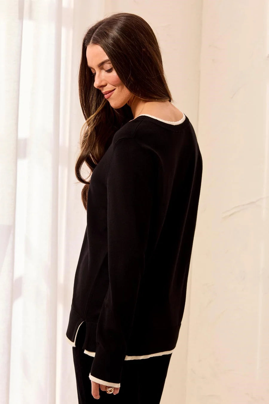 Tribal Soft Viscose Long Sleeve Contrast Trim V-Neck Sweater