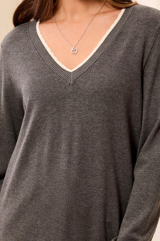 Tribal Soft Viscose Long Sleeve Contrast Trim V-Neck Sweater