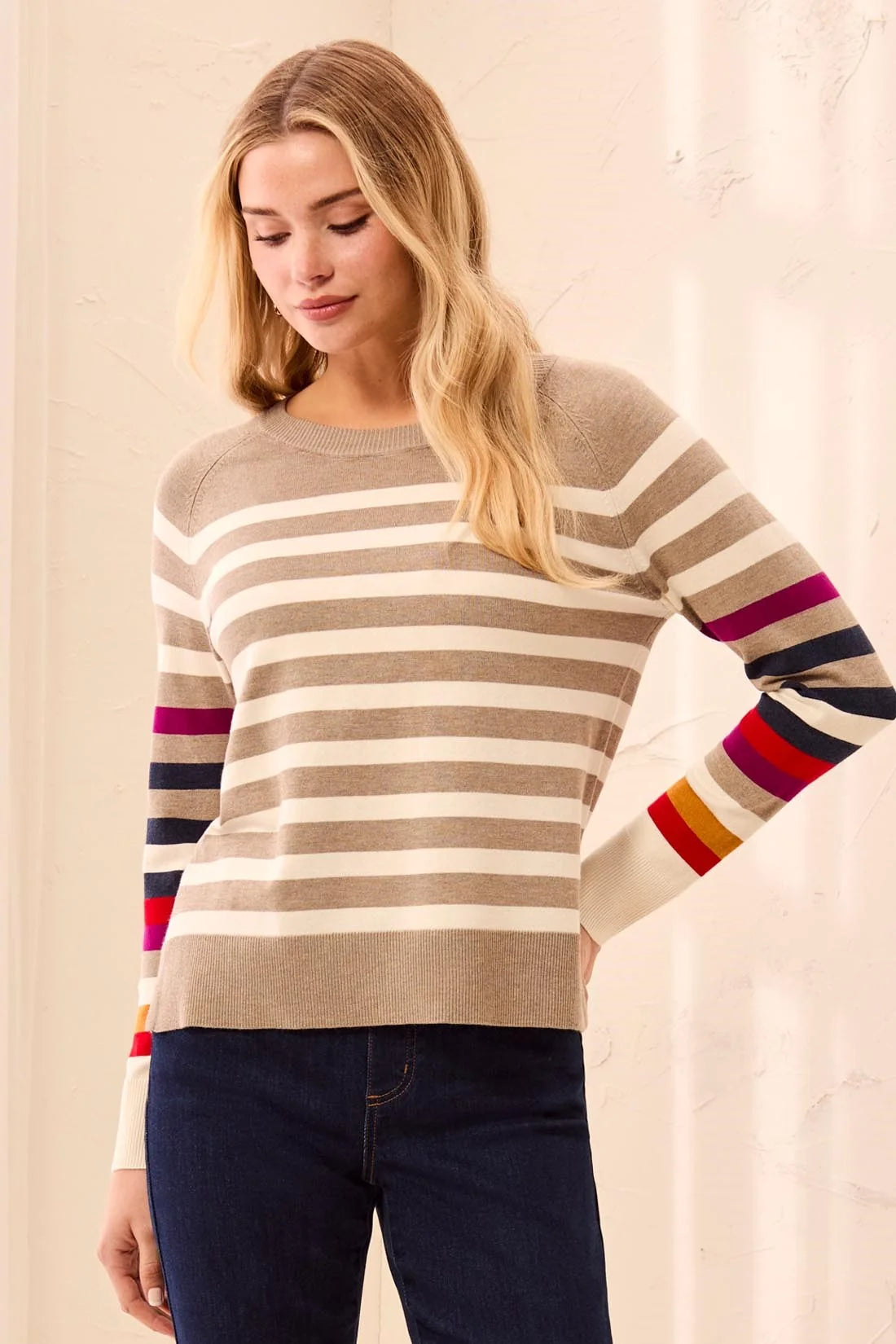 Tribal Soft Viscose Long Sleeve Crew Neck Stripe Sweater