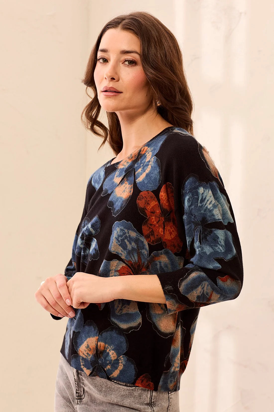 Tribal Soft Yarn Three-Quarter Sleeve Crewneck Sweater