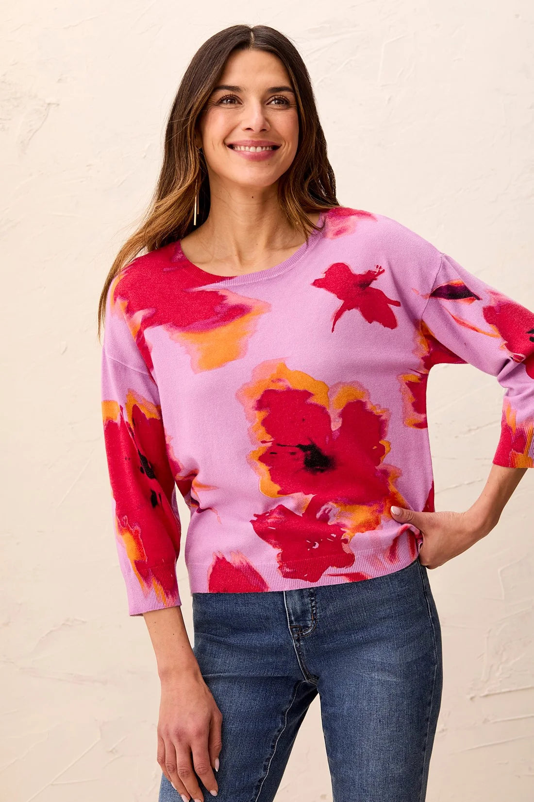 Tribal Soft Yarn Three-Quarter Sleeve Crewneck Sweater